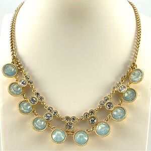 Stunning Premier Designs Gold Tone Blue & Clear Crystal Bib Statement Necklace